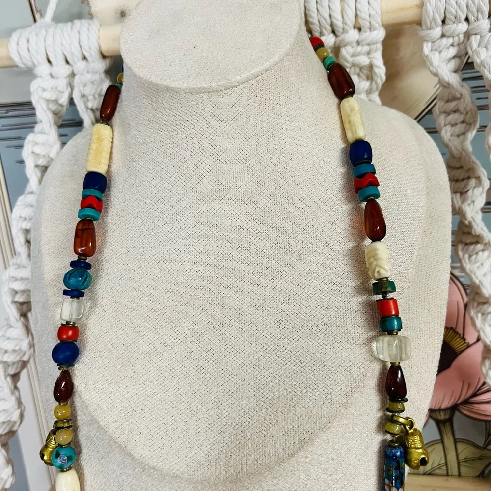 Vintage Tribal Prayer Necklace‎ | Gemstone Beads Brass Pendant | India
